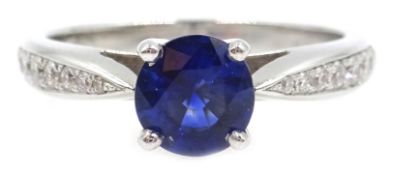 18ct white gold single stone sapphire ring, with diamond set shoulders, stamped 750,
