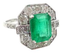 Emerald and diamond white gold ring, stamped 18ct emerald approx 3 carat, diamonds approx 1.
