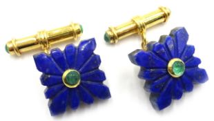 Pair of silver-gilt lapis lazuli and emerald cufflinks,