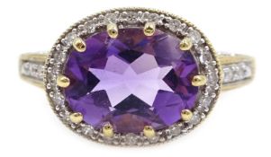 9ct gold (tested) oval amethyst and diamond ring Condition Report Approx 3gm,