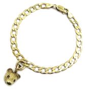 9ct gold flat link curb bracelet with gold bear head, stamped 375, approx 9.