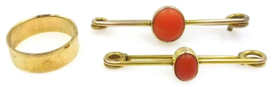 Two gold coral set bar brooches tested 9ct and a gold wedding band hallmarked 9ct