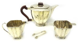 Art Deco three piece silver tea set by S Blanckensee & Son Ltd Chester 1937,