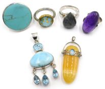 Silver quartz ring, and other stone pendants and rings,