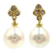 Pair of 18ct gold pearl and diamond pendant ear-rings,