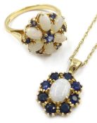 14ct gold opal and sapphire cluster ring and a similar 9ct gold pendant necklace,