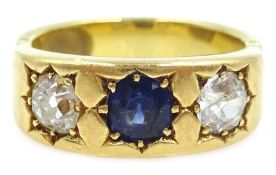 Heavy 18ct gold (tested) three stone diamond and sapphire rubover set ring, each diamond approx 0.