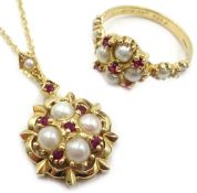 14ct gold ruby and pearl cluster pendant necklace and matching ring hallmarked Condition