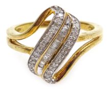 Baguette and round diamond set silver-gilt ring,