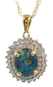 Opal mosaic triplet and diamond cluster pendant necklace,