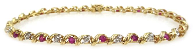 9ct gold ruby and diamond swirl link bracelet,