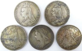 Five Great British Queen Victoria crowns, two 1889, one 1890,