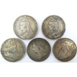 Five Great British Queen Victoria crowns, two 1889, one 1890,