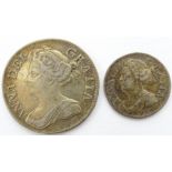 Queen Anne pre union 1706 twopence coin and a post union 1711 sixpence coin (2)