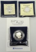 Three silver proof coins; Alderney 1995 one pound,