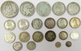 Collection of twenty-one Great British Queen Victoria coins including; 1890 double florin,