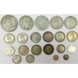 Collection of twenty-one Great British Queen Victoria coins including; 1890 double florin,