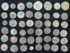 Collection of Roman coinage spanning many rulers including Aurelian,