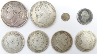 Collection of George III, George IV and William IV coins; 1776 silver penny, 1818 crown, 1816,