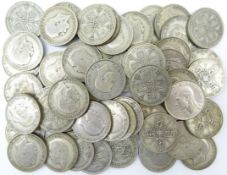 Fifty-six pre 1947 silver one florin coins, King George V and King George VI, varying grades,