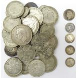 Over 290 grams of pre 1947 Great British silver coins, 1829 sixpence and 1891,