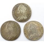Three King George II sixpence coins,