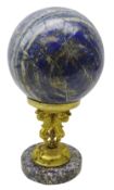 Large polished Lapis Lazuli sphere approx 16cm on gilt bronze support in the form of three mythical
