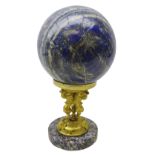 Large polished Lapis Lazuli sphere approx 16cm on gilt bronze support in the form of three mythical