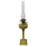Late Victorian brass oil lamp, of corinthium column form on stepped square base,
