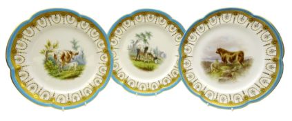 Set of three late Victorian Minton shaped dessert plates hand painted with cattle by Henry Mitchell