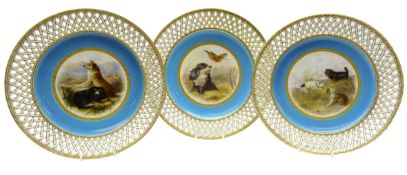 Set of three late Victorian Minton cabinet plates hand painted with Hunting Dogs in a moorland