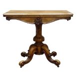 Victorian figured walnut card table, rectangular folding top with circular green baize inset,