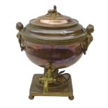 Victorian copper samovar of oval form with figural ring handles, Sphinx finial and stem,