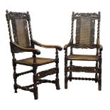 Pair Carolean style oak armchairs, cresting rail relief carved with putti holding crown,