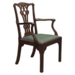 George III walnut Chippendale style elbow chair, fret work splat back,