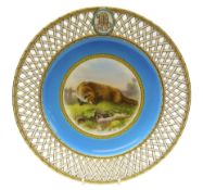 Late Victorian Minton monogrammed cabinet plates hand painted after Edwin Landseer 'Not Caught Yet'