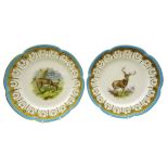 Pair late Victorian Minton shaped dessert plates hand painted with a family of Deer by Henry