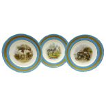 Set of three late Victorian Minton shaped dessert plates hand painted with Horses,
