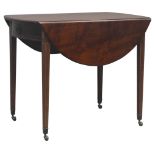 Late 18th mahogany Sheraton style Pembroke table, oval drop leaf top, single drawer to end,