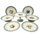 Later Victorian Minton dessert service hand painted with fruit within a gilded border on turquoise