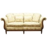 'Medallion Mendelssohn' three seat settee, upholstered in gold raised floral pattern fabric,