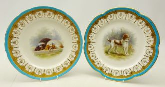 Matched pair of late Victorian Minton shaped dessert plates hand painted with a Brittany Spaniel
