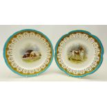 Matched pair of late Victorian Minton shaped dessert plates hand painted with a Brittany Spaniel