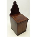 Early 20th century boxwood strung mahogany Salt Box, with hinged slope top and pierced cresting,