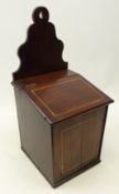 Early 20th century boxwood strung mahogany Salt Box, with hinged slope top and pierced cresting,