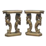 Pair late 20th century carved gilt wood torchere plant stands, red and black marble effect tops,