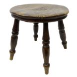 19th century elm Milking Stool, turned circular top on four outsplayed legs, H30cm,