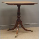 19th century mahogany tripod table, rectangular figured tilt top, on turned column support,