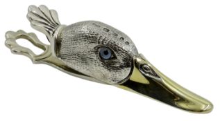 Silver paper clip in the form of a Mallard, with inset glass eyes and gilded beak, Whitehill & Co.