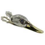 Silver paper clip in the form of a Mallard, with inset glass eyes and gilded beak, Whitehill & Co.